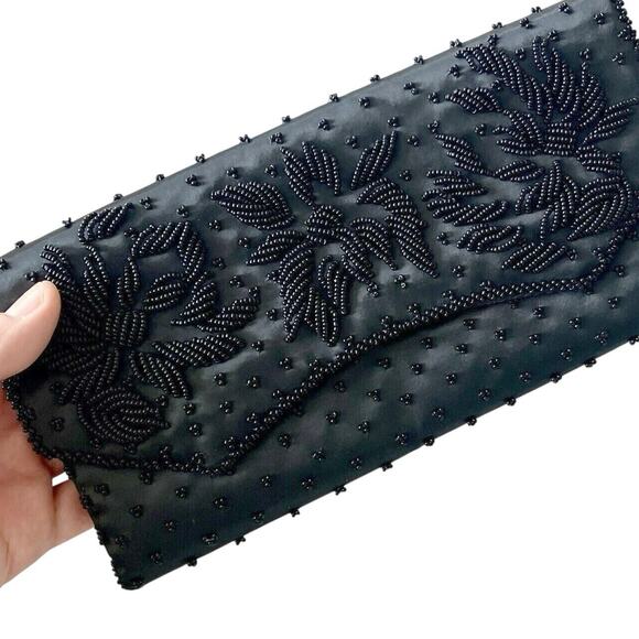 Vintage 1950s Beaded Clutch STYLECRAFT MIAMI Satin MCM Black Evening Bag Wallet - Picture 1 of 5
